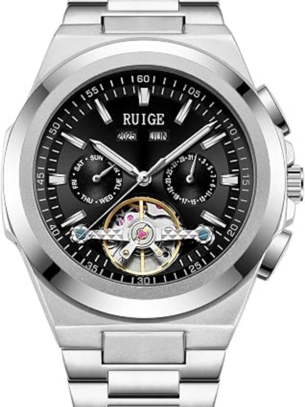 Men's Black Fully Automatic Mechanical 43mm Hollow Skeleton Dial Wrist Watch